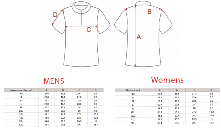 Measurement chart for men's and women's shirts with labeled points and size charts.